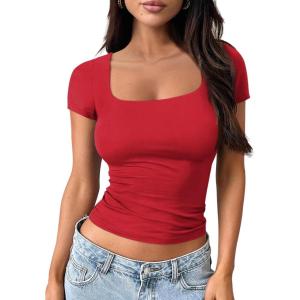Trendy Queen Tshirts Shirts for Women Double Lined Going Out Crop Tops 2025 Spring Summer Workout Y2k Clothes Beach Fashion(Red)