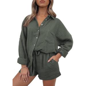 Trendy Queen Two Piece Sets For Women Summer Short Sets Beach Vcation Lounge Pajama 2 Piece Spring Outfits Fashion 2025(Armygreen)