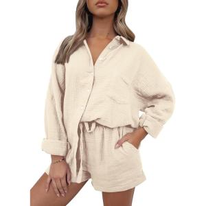 Trendy Queen Two Piece Sets For Women Summer Short Sets Beach Vcation Lounge Pajama 2 Piece Spring Outfits Fashion 2025(Beige)