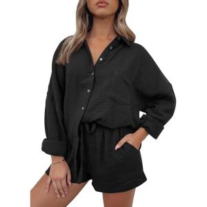 Trendy Queen Two Piece Sets For Women Summer Short Sets Beach Vcation Lounge Pajama 2 Piece Spring Outfits Fashion 2025(Black)