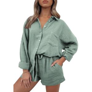 Trendy Queen Two Piece Sets For Women Summer Short Sets Beach Vcation Lounge Pajama 2 Piece Spring Outfits Fashion 2025(Green)