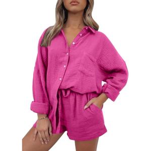 Trendy Queen Two Piece Sets For Women Summer Short Sets Beach Vcation Lounge Pajama 2 Piece Spring Outfits Fashion 2025(Hotpink)