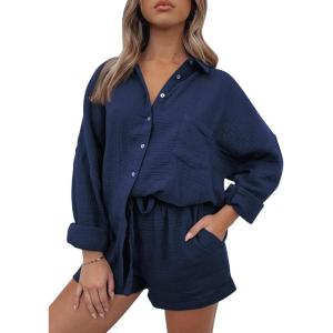 Trendy Queen Two Piece Sets For Women Summer Short Sets Beach Vcation Lounge Pajama 2 Piece Spring Outfits Fashion 2025(Navyblue)