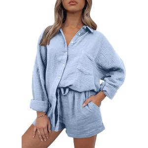 Trendy Queen Two Piece Sets For Women Summer Short Sets Beach Vcation Lounge Pajama 2 Piece Spring Outfits Fashion 2025(Skyblue)