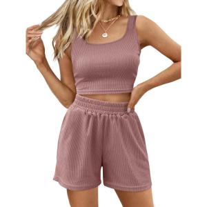 Trendy Queen Two Piece Summer Outfits 2 Piece Sets 2025 Sleeveless Matching Lounge Crop Top High Waisted Short(Darkpink)