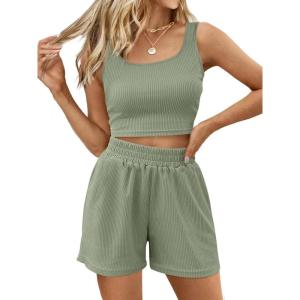 Trendy Queen Two Piece Summer Outfits 2 Piece Sets 2025 Sleeveless Matching Lounge Crop Top High Waisted Short(Green)