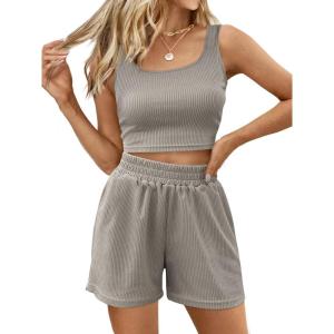Trendy Queen Two Piece Summer Outfits 2 Piece Sets 2025 Sleeveless Matching Lounge Crop Top High Waisted Short(Grey)