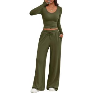 Trendy Queen Women 2 Piece Matching Lounge Sets Clothing Comfiest Wide Leg Pants 2025 Y2K Sweatsuits Fall Airport Outfit(Army)