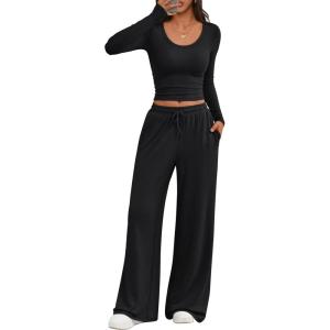 Trendy Queen Women 2 Piece Matching Lounge Sets Clothing Comfiest Wide Leg Pants 2025 Y2K Sweatsuits Fall Airport Outfit(Black)