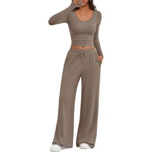 Trendy Queen Women 2 Piece Matching Lounge Sets Clothing Comfiest Wide Leg Pants 2025 Y2K Sweatsuits Fall Airport Outfit(Mocha)