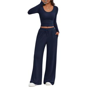 Trendy Queen Women 2 Piece Matching Lounge Sets Clothing Comfiest Wide Leg Pants 2025 Y2K Sweatsuits Fall Airport Outfit(Navy)