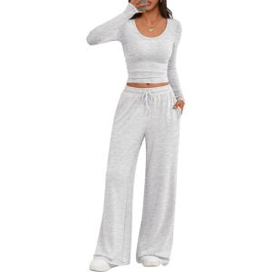 Trendy Queen Women 2 Piece Matching Lounge Sets Clothing Comfiest Wide Leg Pants 2025 Y2K Sweatsuits Fall Airport Outfit(Oatmeal Grey)