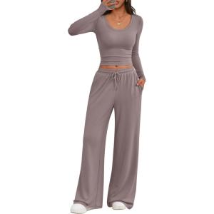 Trendy Queen Women 2 Piece Matching Lounge Sets Clothing Comfiest Wide Leg Pants 2025 Y2K Sweatsuits Fall Airport Outfit(Rose Taupe)