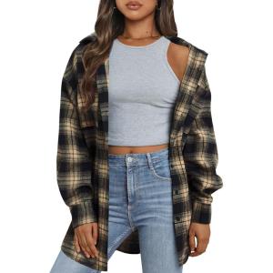 Trendy Queen Women Flannel Shirts Plaid Tops Fall Fashion Shackets Long Sleeve Blouse Button Down Outfits Winter Jackets 2025(Khaki)
