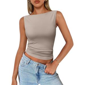Trendy Queen Women Going Out Summer Tank Tops Spring Casual Basic Cute 2025 Sleeveless Shirt Vacation Fashion Outfit Clothes(Coffee Grey)