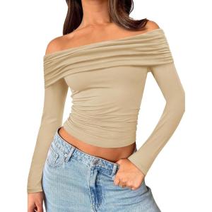 Trendy Queen Women Long Sleeve Shirts Off Shoulder Tops Going Out Crop Sexy Slim Fitted Y2K Fall Outfits 2025 Fashion Clothes(Apricot)