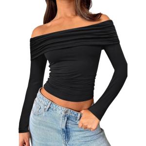 Trendy Queen Women Long Sleeve Shirts Off Shoulder Tops Going Out Crop Sexy Slim Fitted Y2K Fall Outfits 2025 Fashion Clothes(Black)