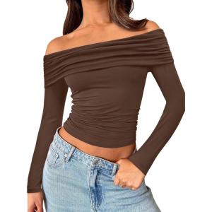 Trendy Queen Women Long Sleeve Shirts Off Shoulder Tops Going Out Crop Sexy Slim Fitted Y2K Fall Outfits 2025 Fashion Clothes(Coffee)