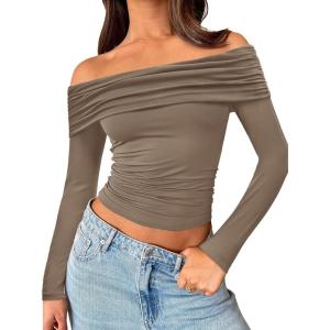 Trendy Queen Women Long Sleeve Shirts Off Shoulder Tops Going Out Crop Sexy Slim Fitted Y2K Fall Outfits 2025 Fashion Clothes(Coffeegrey)