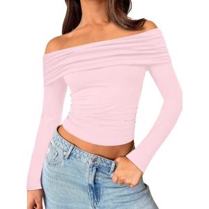 Trendy Queen Women Long Sleeve Shirts Off Shoulder Tops Going Out Crop Sexy Slim Fitted Y2K Fall Outfits 2025 Fashion Clothes(Pink)