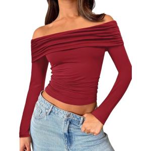 Trendy Queen Women Long Sleeve Shirts Off Shoulder Tops Going Out Crop Sexy Slim Fitted Y2K Fall Outfits 2025 Fashion Clothes(Red)