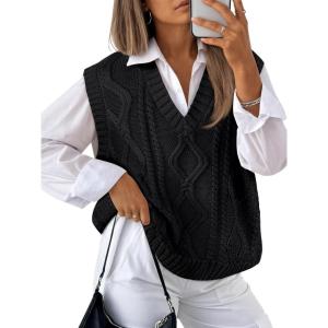 Trendy Queen Women’ s Oversized V Neck Sweater Vest Sleeveless Cable Knit Casual Pullover Tops(Black)