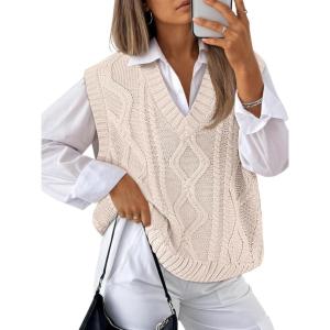 Trendy Queen Women’ s Oversized V Neck Sweater Vest Sleeveless Cable Knit Casual Pullover Tops(Cream)