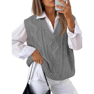 Trendy Queen Women’ s Oversized V Neck Sweater Vest Sleeveless Cable Knit Casual Pullover Tops(Heather Gray)
