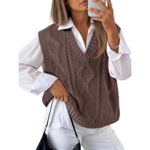 Trendy Queen Women’ s Oversized V Neck Sweater Vest Sleeveless Cable Knit Casual Pullover Tops(Nutmeg)
