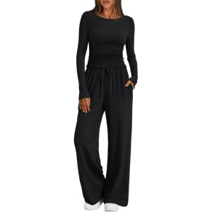 Trendy Queen Women’s 2 Piece Matching Lounge Set Boat Neck Slim Fitted Top Wide Leg Pants Casual Tracksuits(Black)