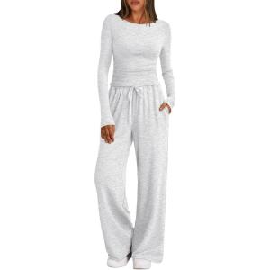 Trendy Queen Women’s 2 Piece Matching Lounge Set Boat Neck Slim Fitted Top Wide Leg Pants Casual Tracksuits(Oatmeal Grey)