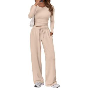 Trendy Queen Women’s 2 Piece Matching Lounge Set Long Sleeve Slightly Crop Top Wide Leg Pants Casual Sweatsuit(Almond)