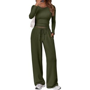 Trendy Queen Women’s 2 Piece Matching Lounge Set Long Sleeve Slightly Crop Top Wide Leg Pants Casual Sweatsuit(Army Green)