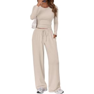 Trendy Queen Women’s 2 Piece Matching Lounge Set Long Sleeve Slightly Crop Top Wide Leg Pants Casual Sweatsuit(Beige)