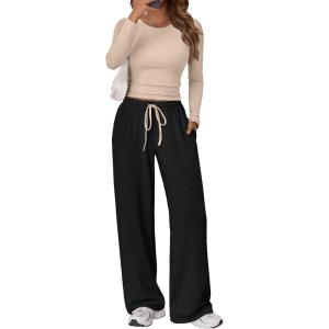 Trendy Queen Women’s 2 Piece Matching Lounge Set Long Sleeve Slightly Crop Top Wide Leg Pants Casual Sweatsuit(Beige Black)