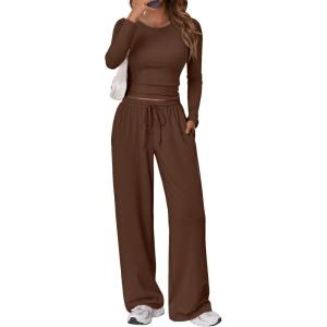 Trendy Queen Women’s 2 Piece Matching Lounge Set Long Sleeve Slightly Crop Top Wide Leg Pants Casual Sweatsuit(Cocoa)