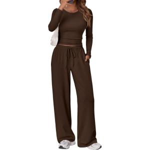 Trendy Queen Women’s 2 Piece Matching Lounge Set Long Sleeve Slightly Crop Top Wide Leg Pants Casual Sweatsuit(Coffee)