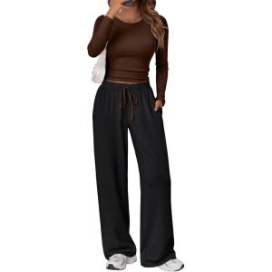 Trendy Queen Women’s 2 Piece Matching Lounge Set Long Sleeve Slightly Crop Top Wide Leg Pants Casual Sweatsuit(Coffee Black)