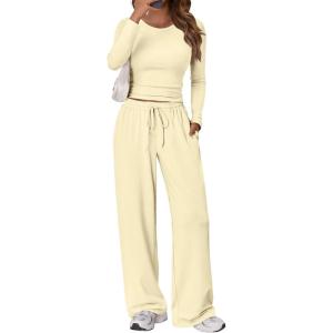 Trendy Queen Women’s 2 Piece Matching Lounge Set Long Sleeve Slightly Crop Top Wide Leg Pants Casual Sweatsuit(Creamy Yellow)