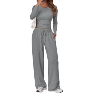 Trendy Queen Women’s 2 Piece Matching Lounge Set Long Sleeve Slightly Crop Top Wide Leg Pants Casual Sweatsuit(Dark Heather Grey)