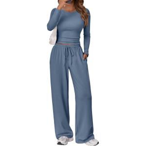 Trendy Queen Women’s 2 Piece Matching Lounge Set Long Sleeve Slightly Crop Top Wide Leg Pants Casual Sweatsuit(Dusty Blue)