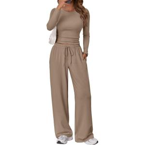 Trendy Queen Women’s 2 Piece Matching Lounge Set Long Sleeve Slightly Crop Top Wide Leg Pants Casual Sweatsuit(Khaki)