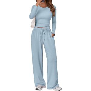 Trendy Queen Women’s 2 Piece Matching Lounge Set Long Sleeve Slightly Crop Top Wide Leg Pants Casual Sweatsuit(Light Blue)