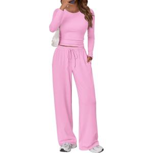 Trendy Queen Women’s 2 Piece Matching Lounge Set Long Sleeve Slightly Crop Top Wide Leg Pants Casual Sweatsuit(Light Pink)
