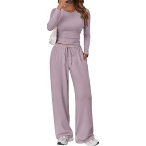 Trendy Queen Women’s 2 Piece Matching Lounge Set Long Sleeve Slightly Crop Top Wide Leg Pants Casual Sweatsuit(Lilac)