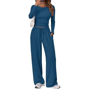 Trendy Queen Women’s 2 Piece Matching Lounge Set Long Sleeve Slightly Crop Top Wide Leg Pants Casual Sweatsuit(Marine)