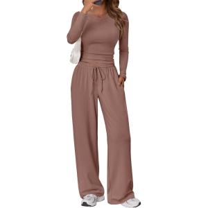 Trendy Queen Women’s 2 Piece Matching Lounge Set Long Sleeve Slightly Crop Top Wide Leg Pants Casual Sweatsuit(Mauve Rose)