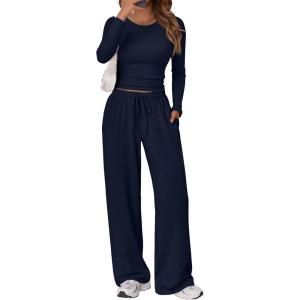 Trendy Queen Women’s 2 Piece Matching Lounge Set Long Sleeve Slightly Crop Top Wide Leg Pants Casual Sweatsuit(Navy)