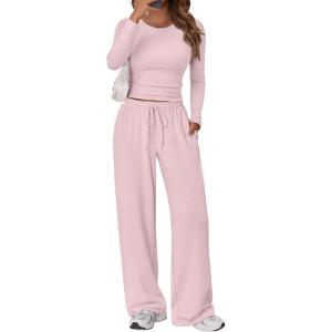Trendy Queen Women’s 2 Piece Matching Lounge Set Long Sleeve Slightly Crop Top Wide Leg Pants Casual Sweatsuit(Pastel Pink)