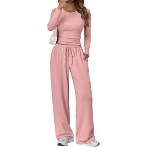 Trendy Queen Women’s 2 Piece Matching Lounge Set Long Sleeve Slightly Crop Top Wide Leg Pants Casual Sweatsuit(Peach)